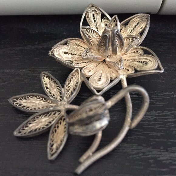 VINTAGE PERU 1890s SILVER 925 FLOWER BROOCH - Picture 2 of 6